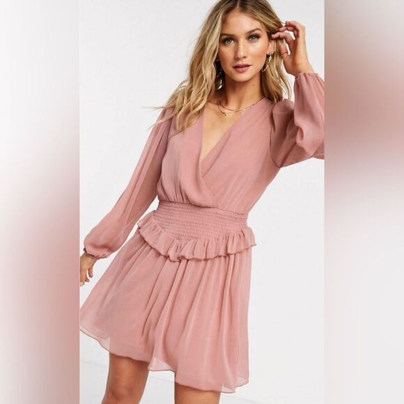 ASOS Dress Shirred Elastic Waist Skater Dress NEW Dusty Pink - Picture 1 of 12